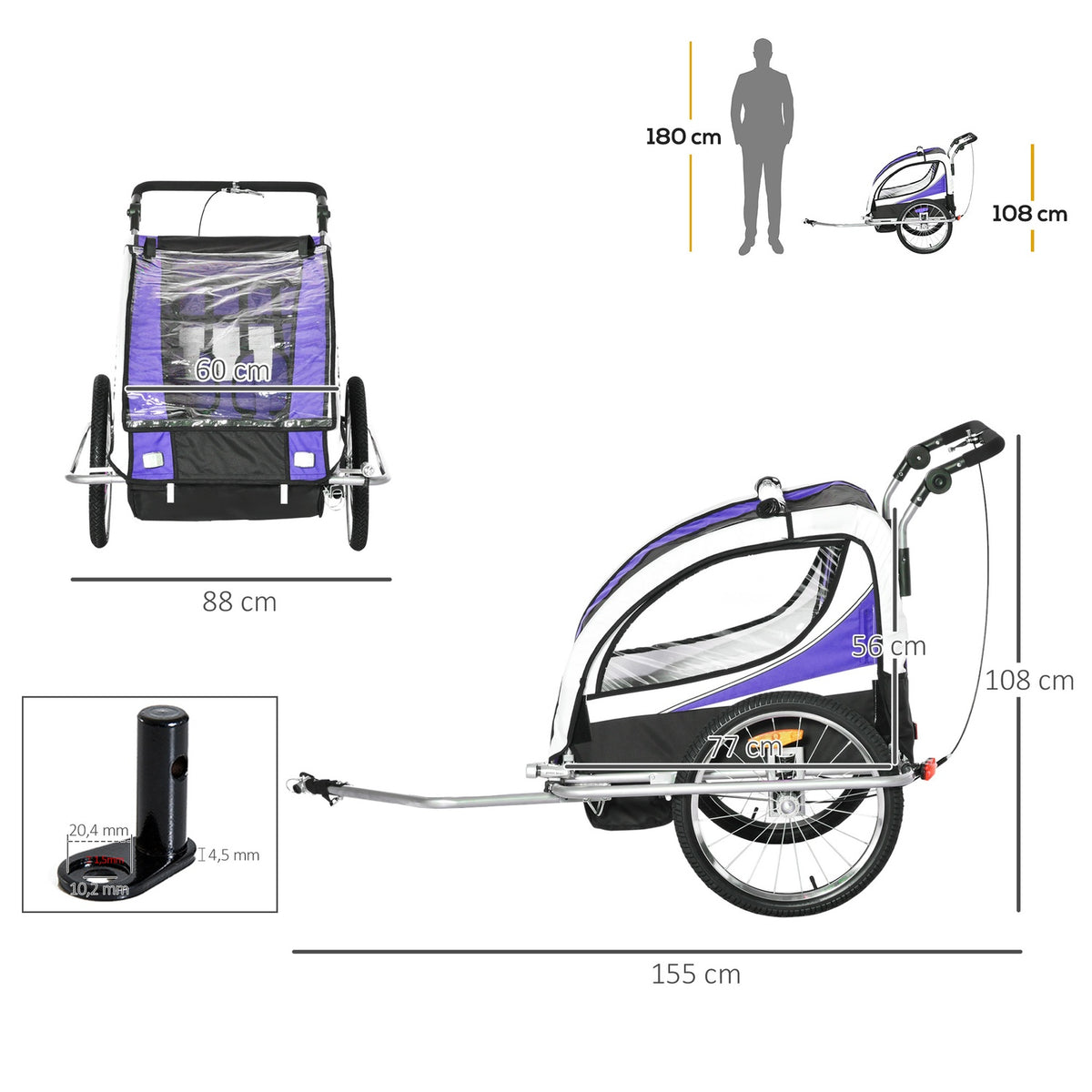 Children'S Trailer Children'S Trailer Bicycle Trailer For 2 Children With Rain Cover Breathable Purple + Black 155 X 88 X 108 Cm