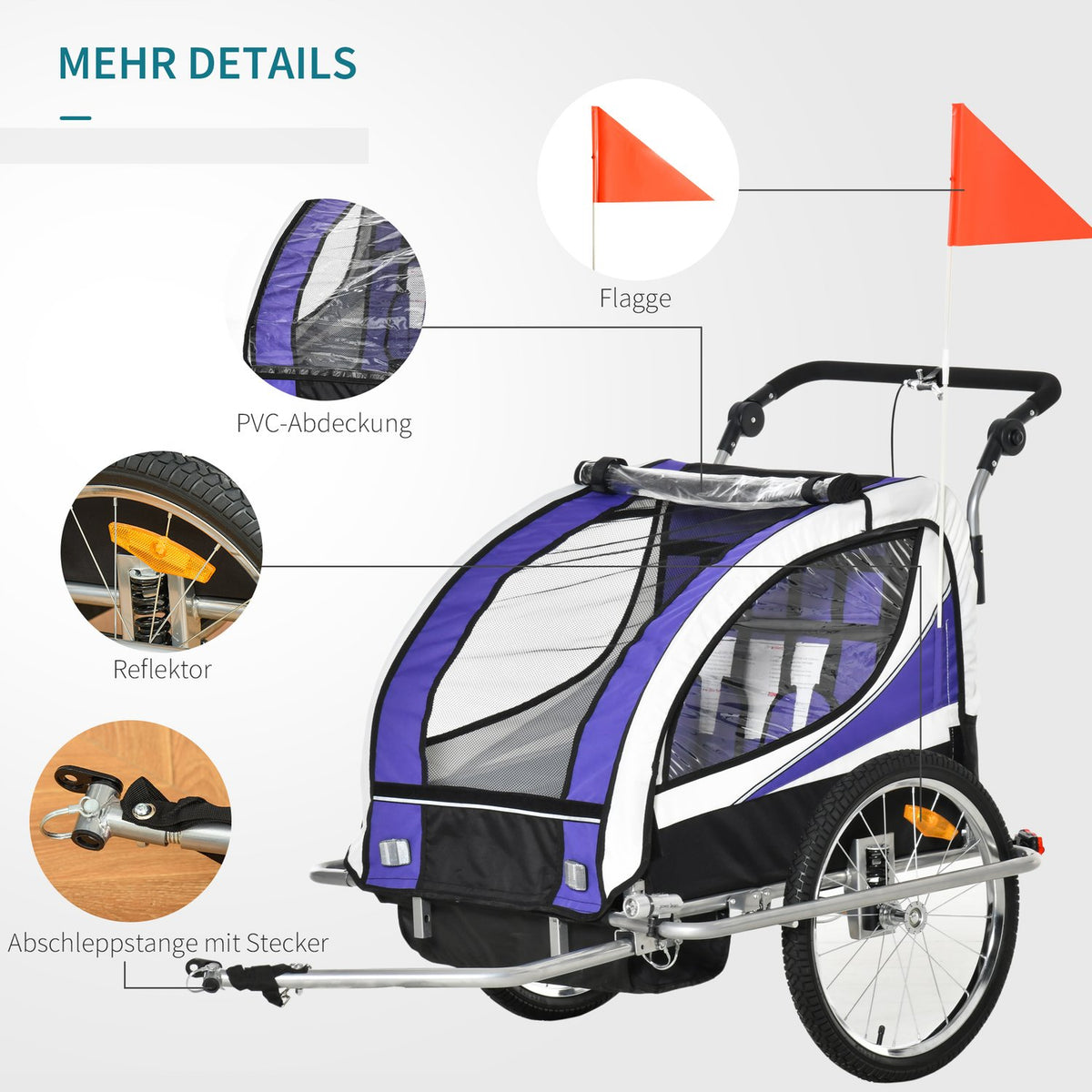 Children'S Trailer Children'S Trailer Bicycle Trailer For 2 Children With Rain Cover Breathable Purple + Black 155 X 88 X 108 Cm