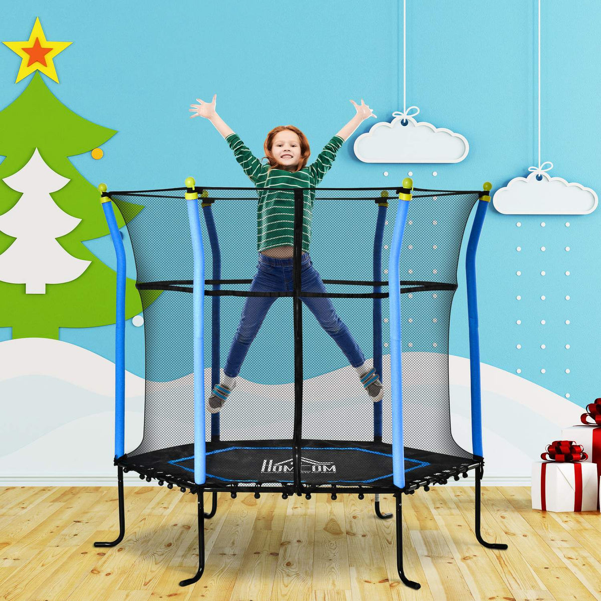 Children'S Trampoline 5.3Ft Garden Trampoline With Safety Net And Edge Cover, Rubber Rope, Blue, 163.5H Cm, Up To 60 Kg