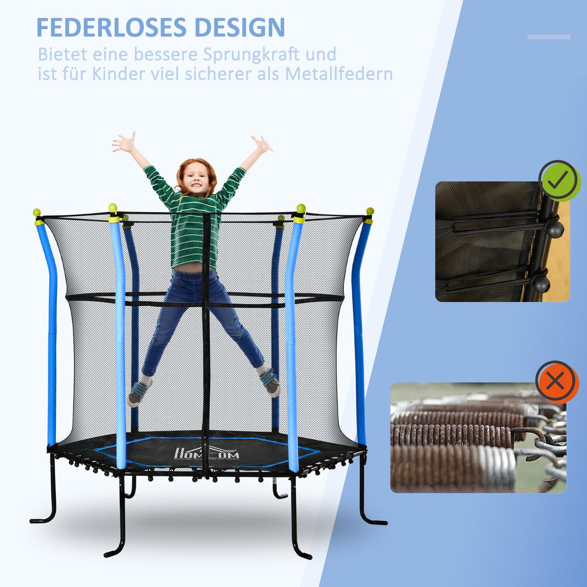 Children'S Trampoline 5.3Ft Garden Trampoline With Safety Net And Edge Cover, Rubber Rope, Blue, 163.5H Cm, Up To 60 Kg