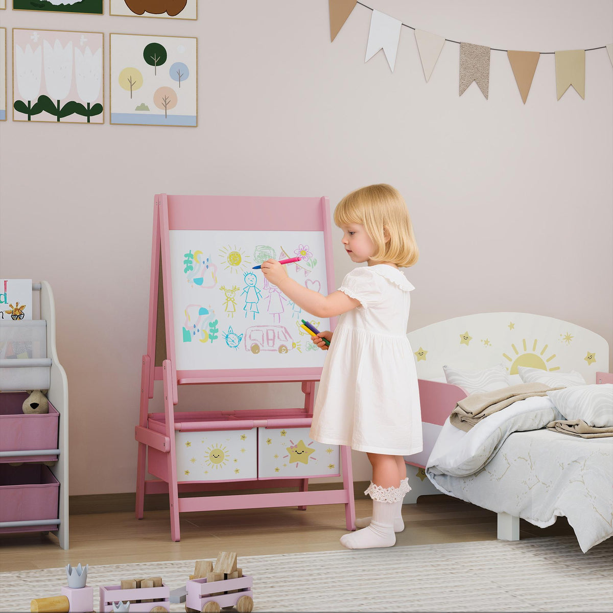 Children's 3-in-1 Easel with Chalkboard, Whiteboard, Pink