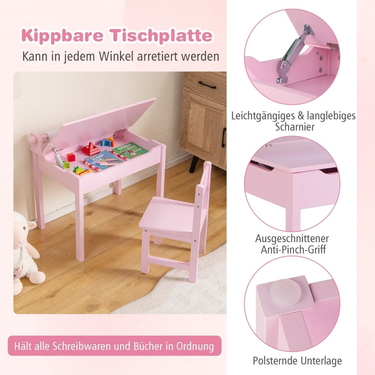 Children's Activity Table Set with Chair, Pink, Storage
