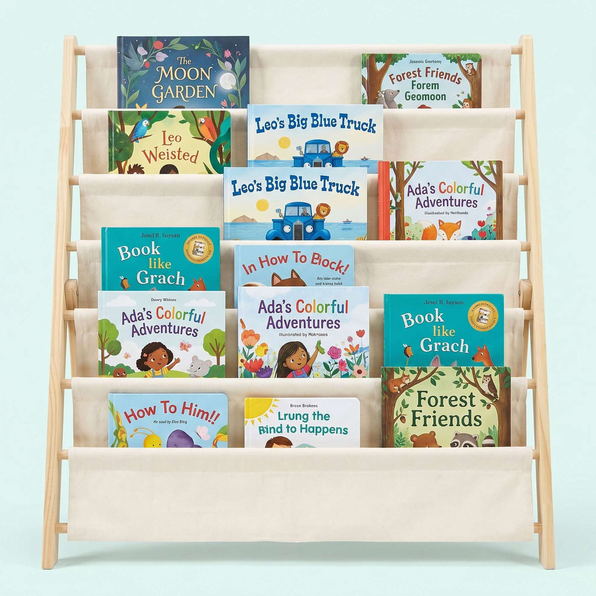 Children's Bookcase, 6 Fabric Pockets, Pine & Cotton