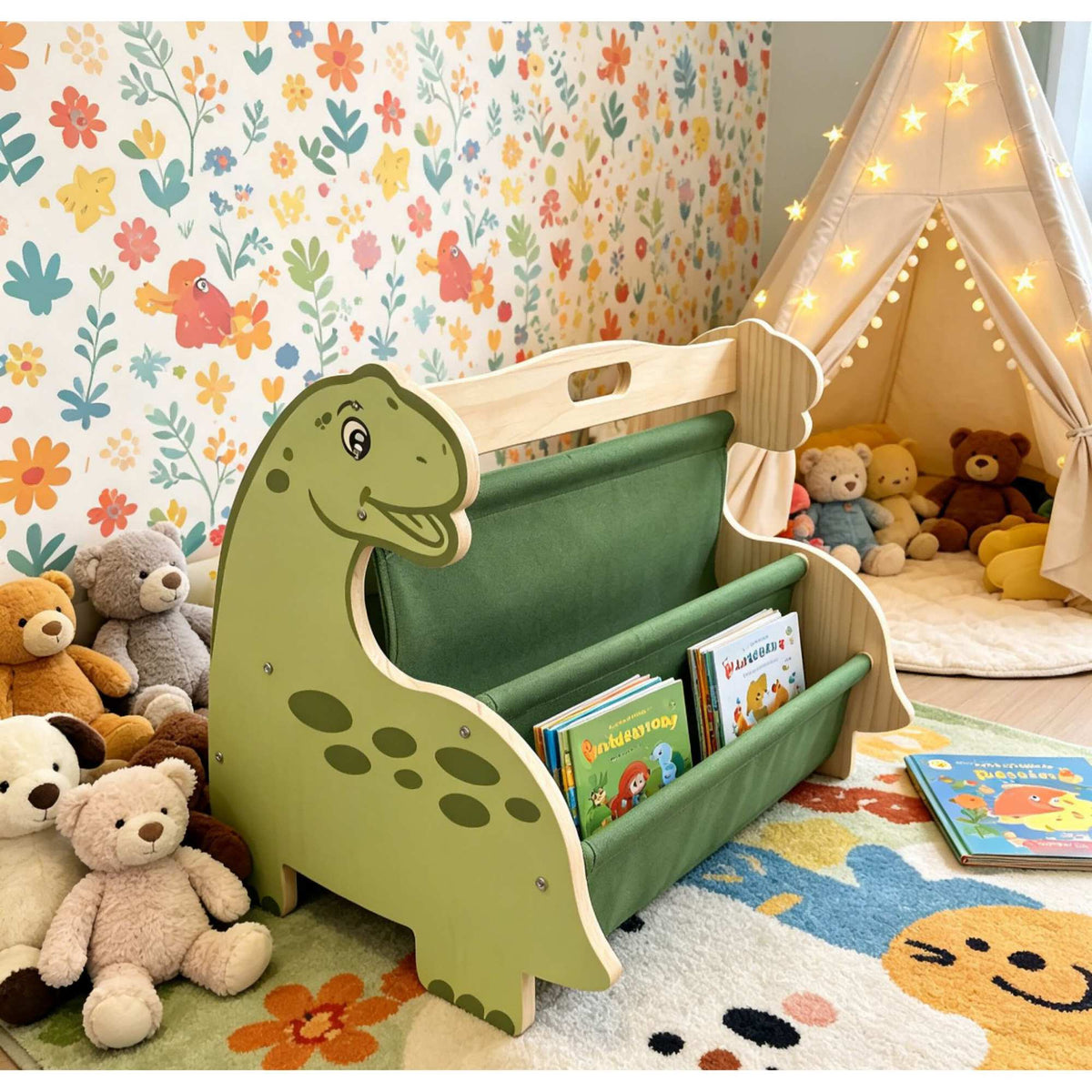 Children's Bookcase with 4 Fabric Pockets – Dino Design