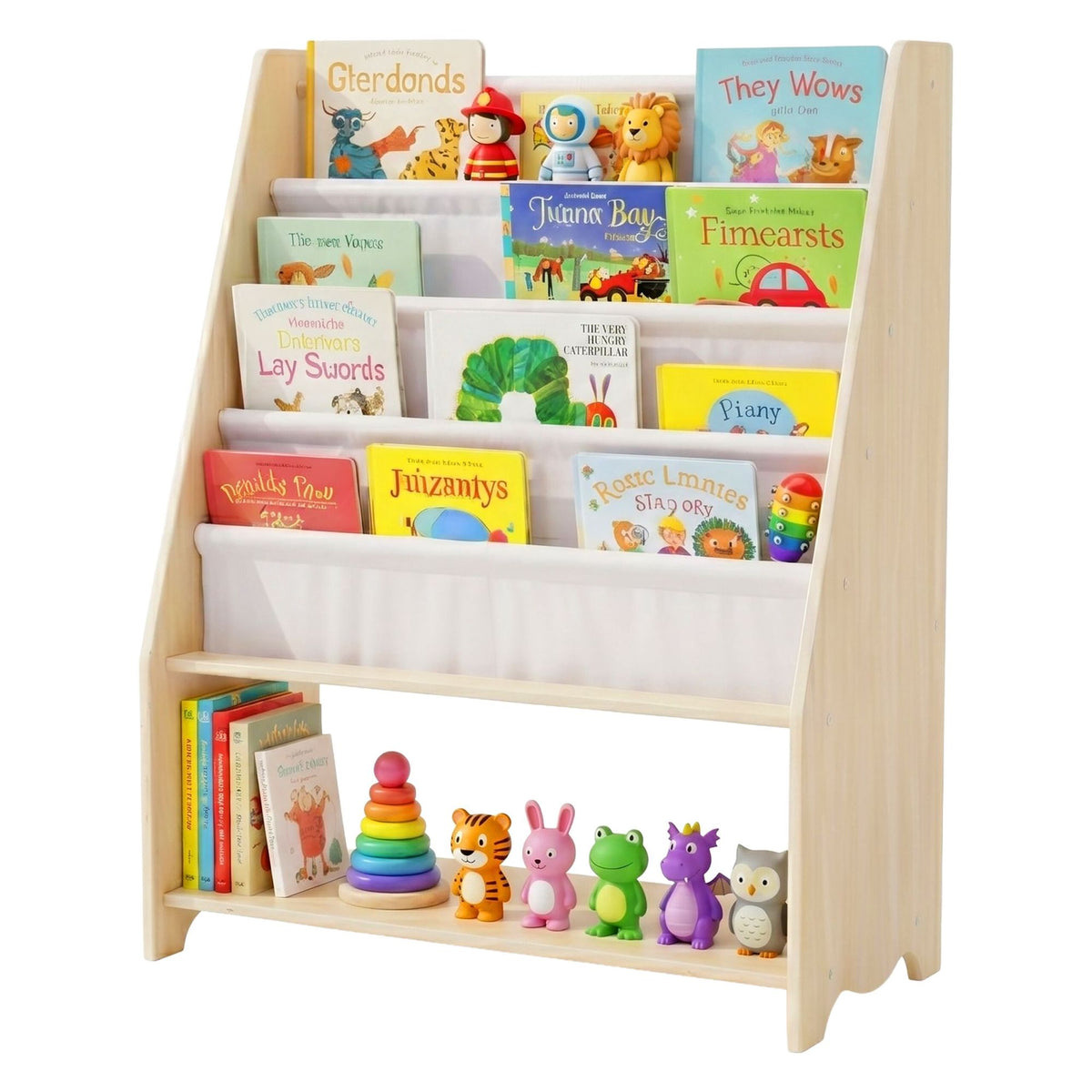 Children's Bookcase with 4 Fabric Pockets, Natural Wood