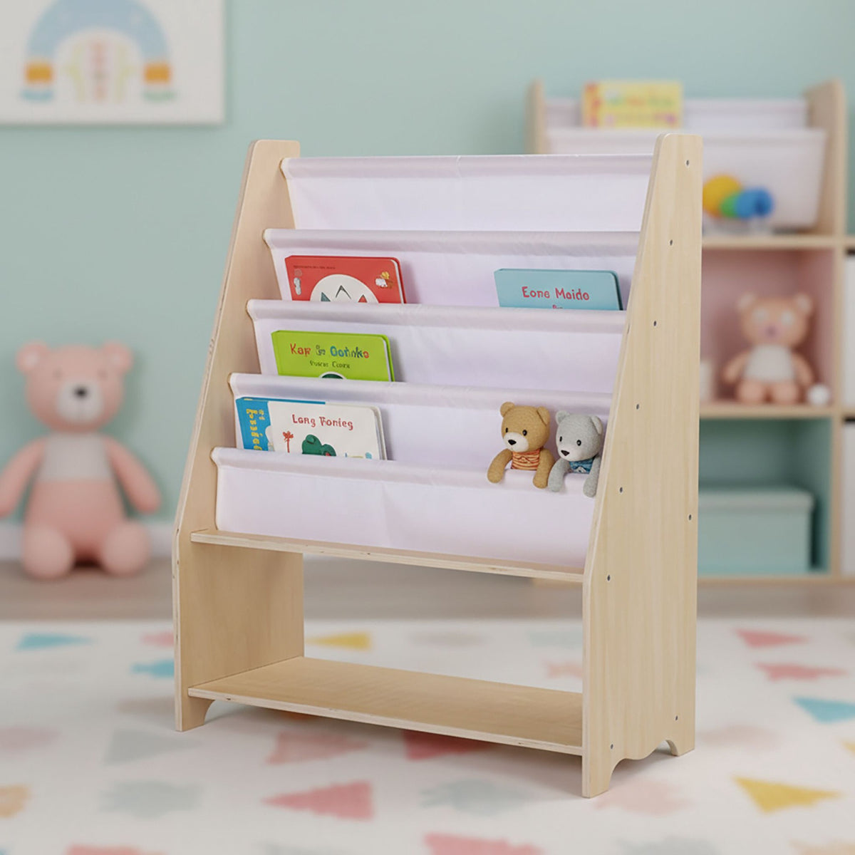 Children's Bookcase with 4 Fabric Pockets, Natural Wood