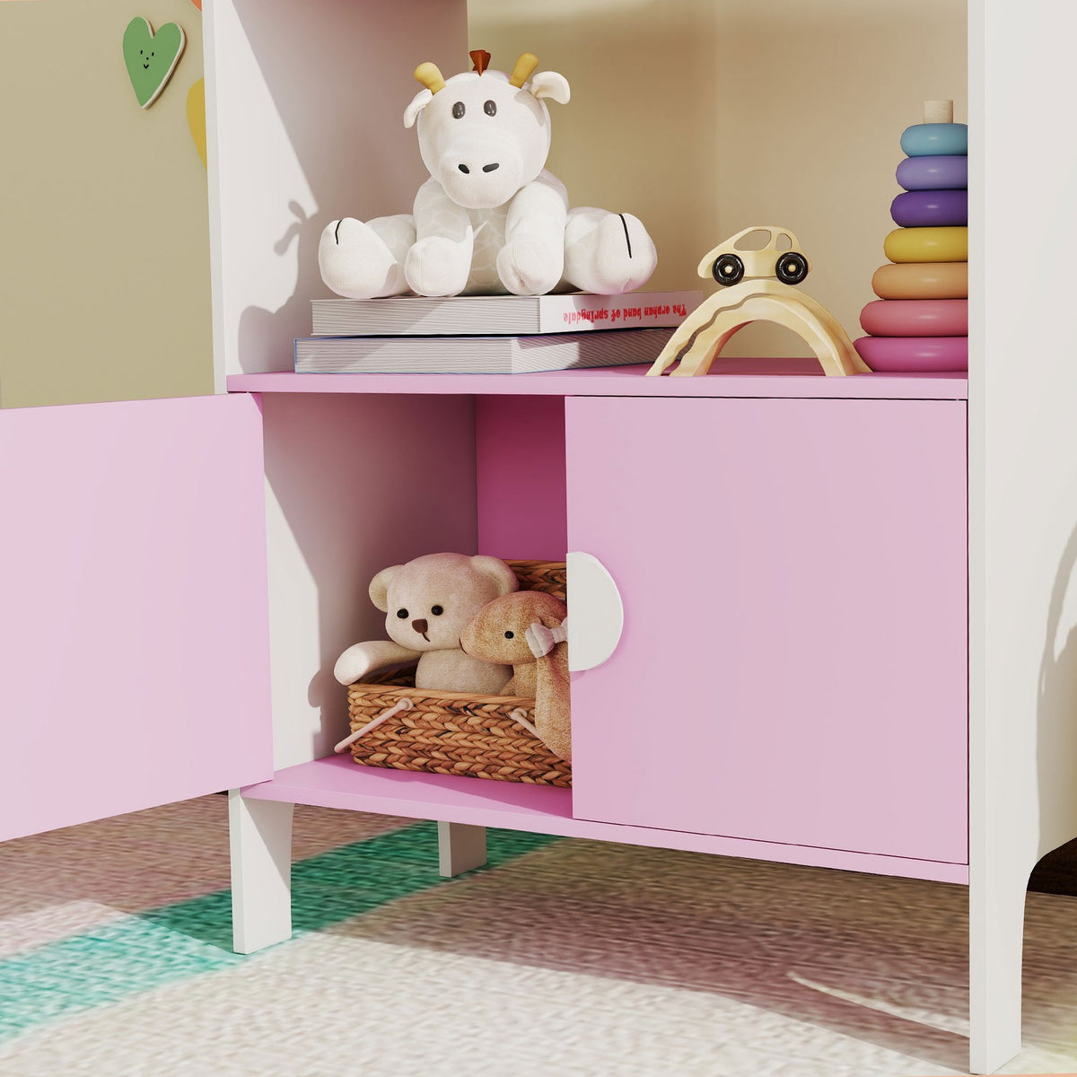 Children's Bookshelf, 2 Shelves, 2 Cabinets, Anti-Tip, MDF