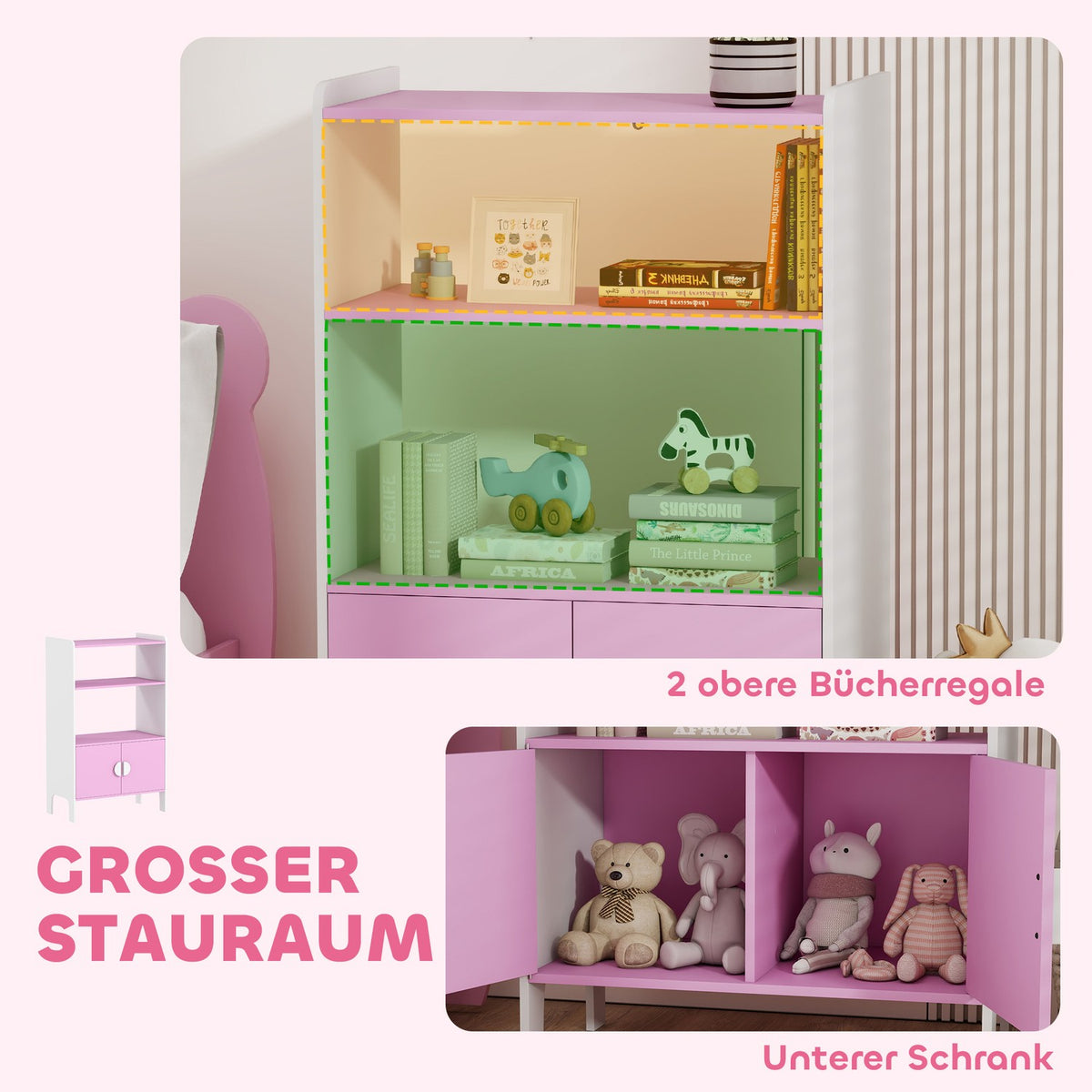 Children's Bookshelf, 2 Shelves, 2 Cabinets, Anti-Tip, MDF