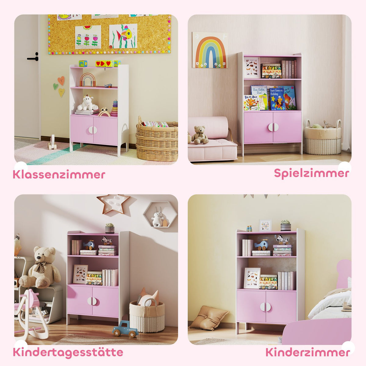 Children's Bookshelf, 2 Shelves, 2 Cabinets, Anti-Tip, MDF