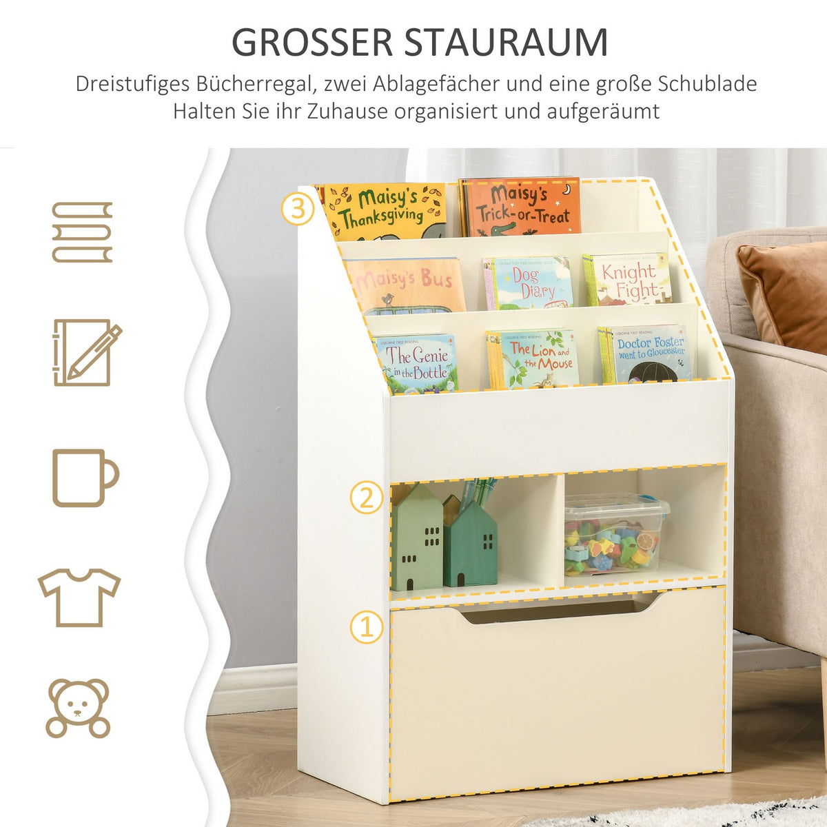 Children's Bookshelf with Drawer, 3-Tier, White, 60x30x90 cm