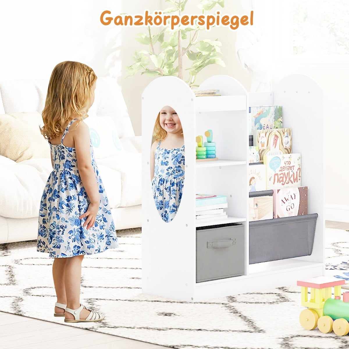 Children's Bookshelf with Mirror and Storage, White