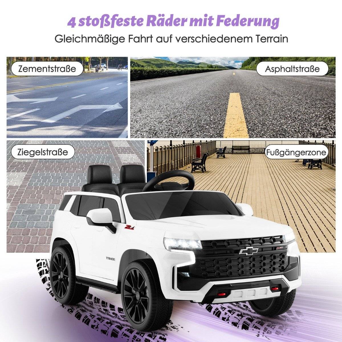 Children's Chevrolet electric car with 2.4G remote control & Suspension & lights & Music children's car white