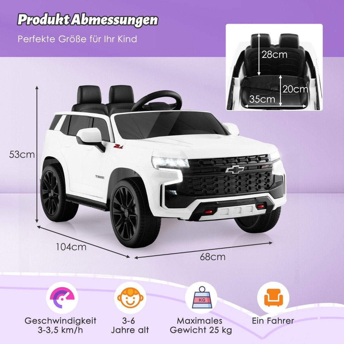 Children's Chevrolet electric car with 2.4G remote control & Suspension & lights & Music children's car white