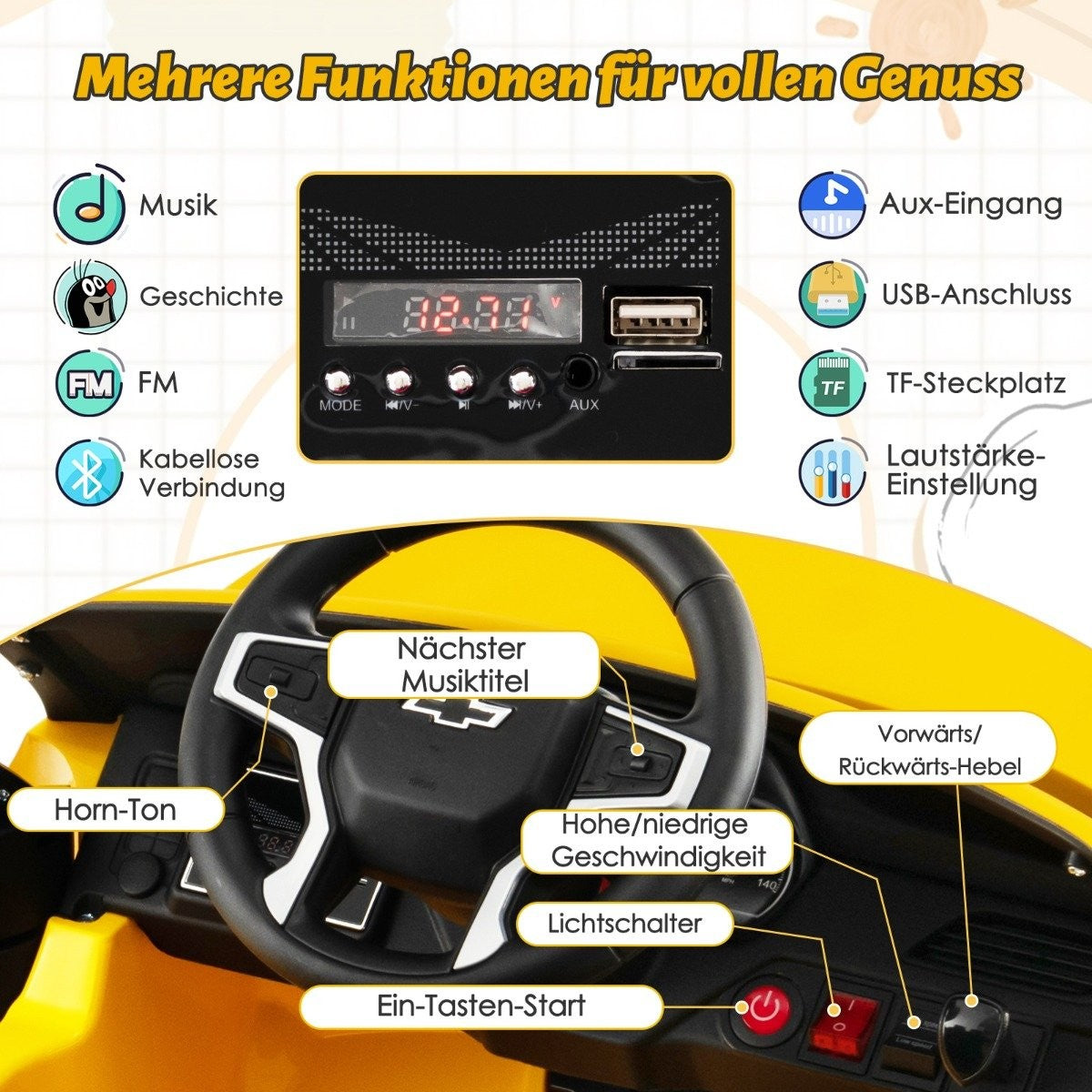 Children's Chevrolet electric car with 2.4G remote control & Suspension & lights & Music children's car yellow