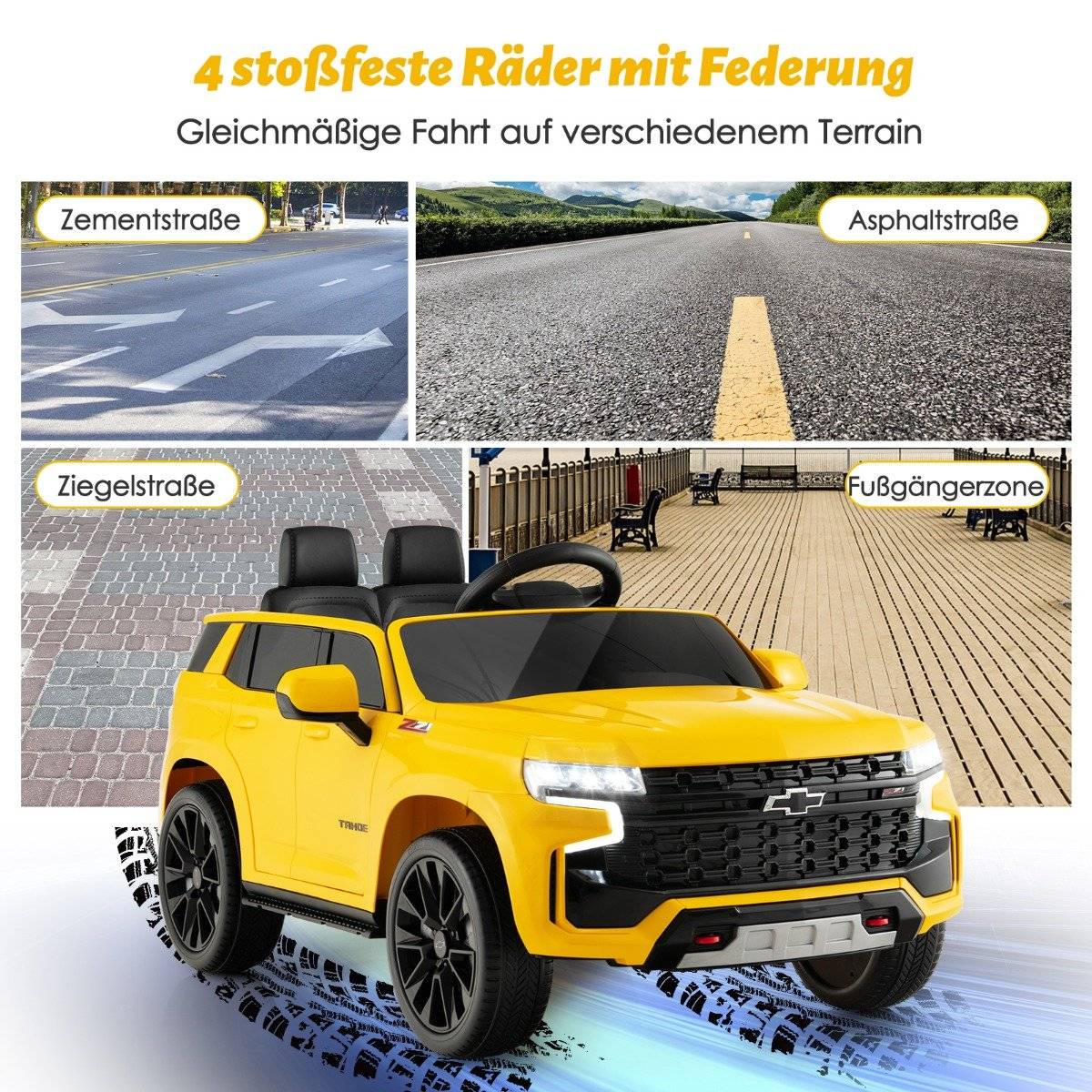Children's Chevrolet electric car with 2.4G remote control & Suspension & lights & Music children's car yellow