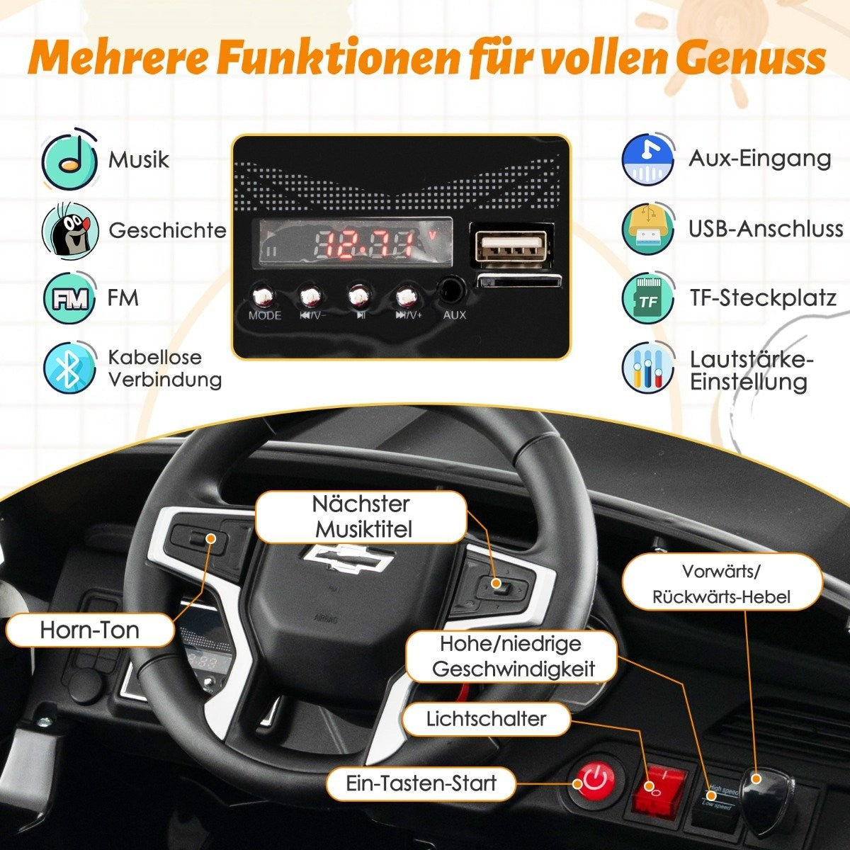 Children's Chevrolet electric car with 2.4G remote control & suspension & lights & music children's car black