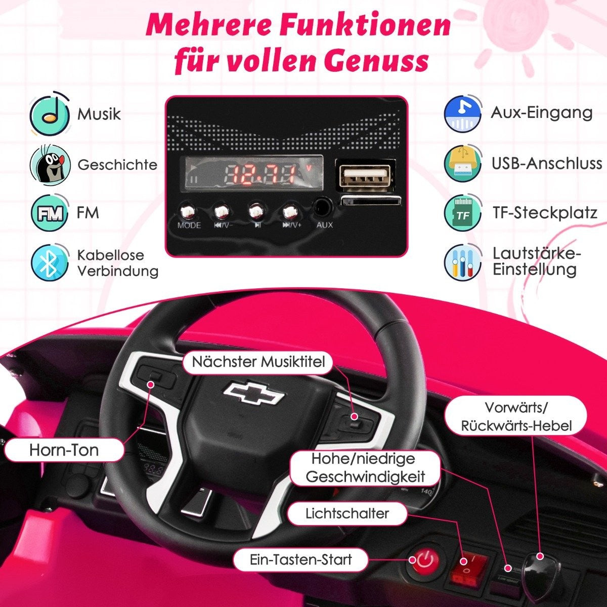 Children's Chevrolet electric car with 2.4G remote control & suspension & lights & music children's car pink