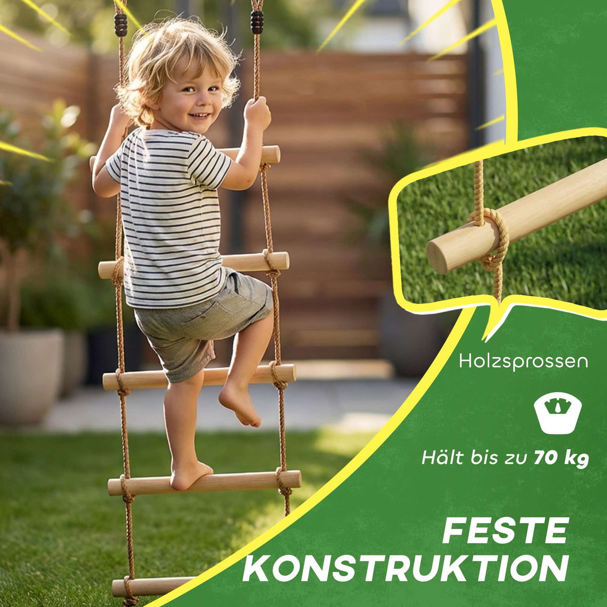 Children's Climbing Rope Set, 5 Wooden Rungs, 1.8m Rope