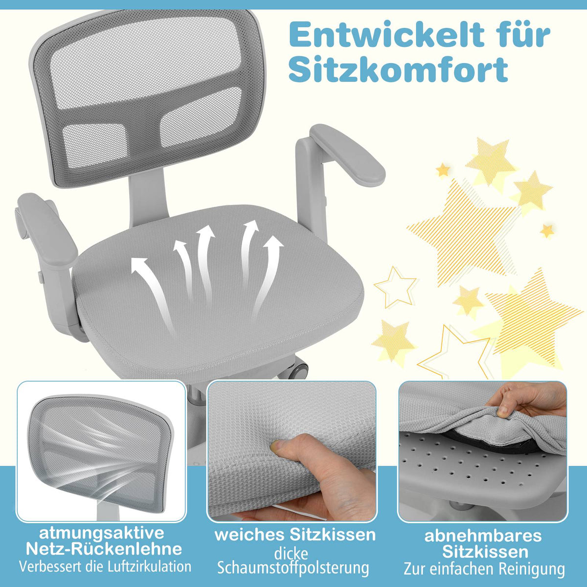 Children's Desk Chair, Adjustable Height 41-52 cm, Grey