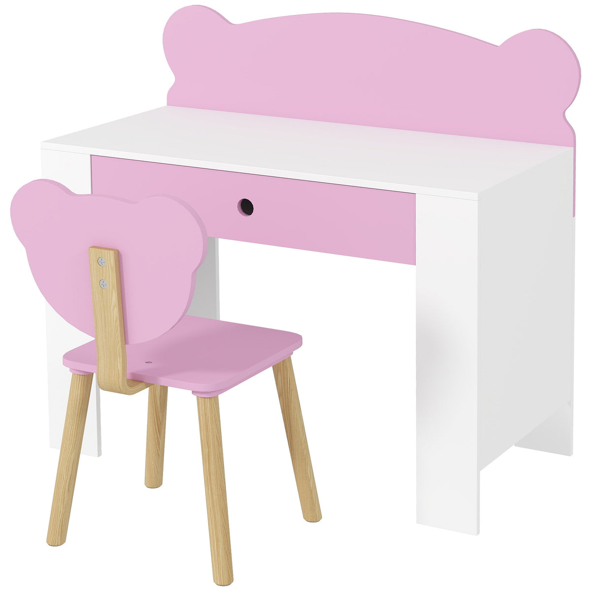 Children's Desk Set, Bear-Shaped Desk and Chair with Drawer, for Writing and Crafting, 3-8 Years, Pink