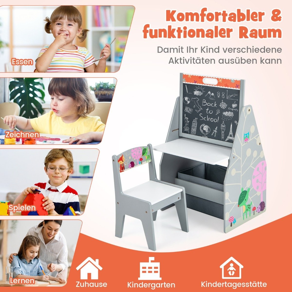 Children's Double-Sided Desk & Chair Set with Easel