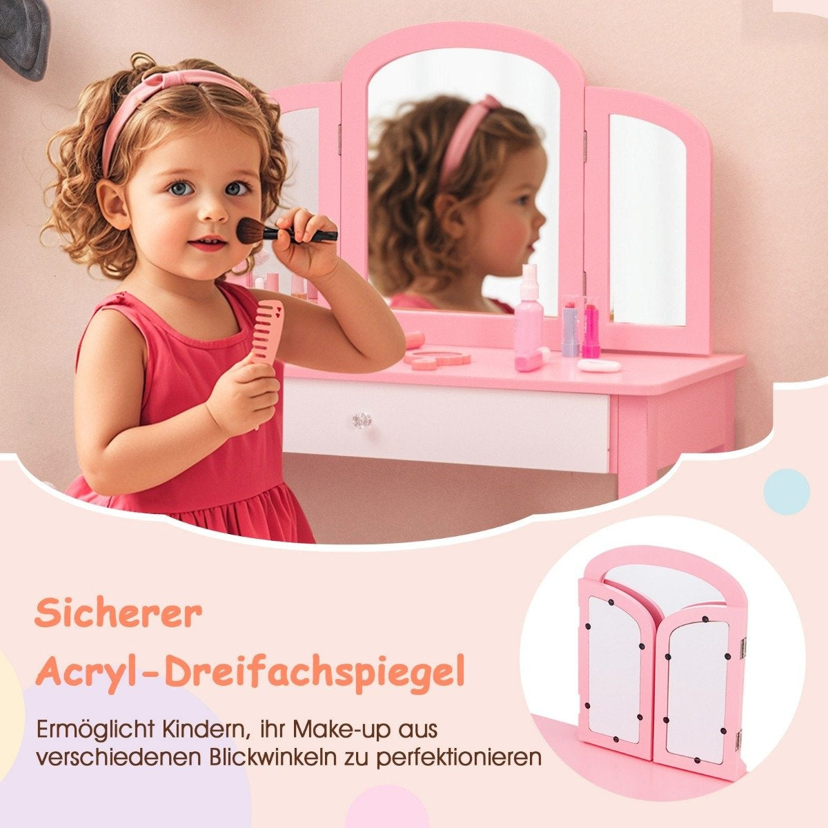 Children's Dressing Table and Chair Set Dressing Table Set with Folding Mirror & Drawer Pink + White