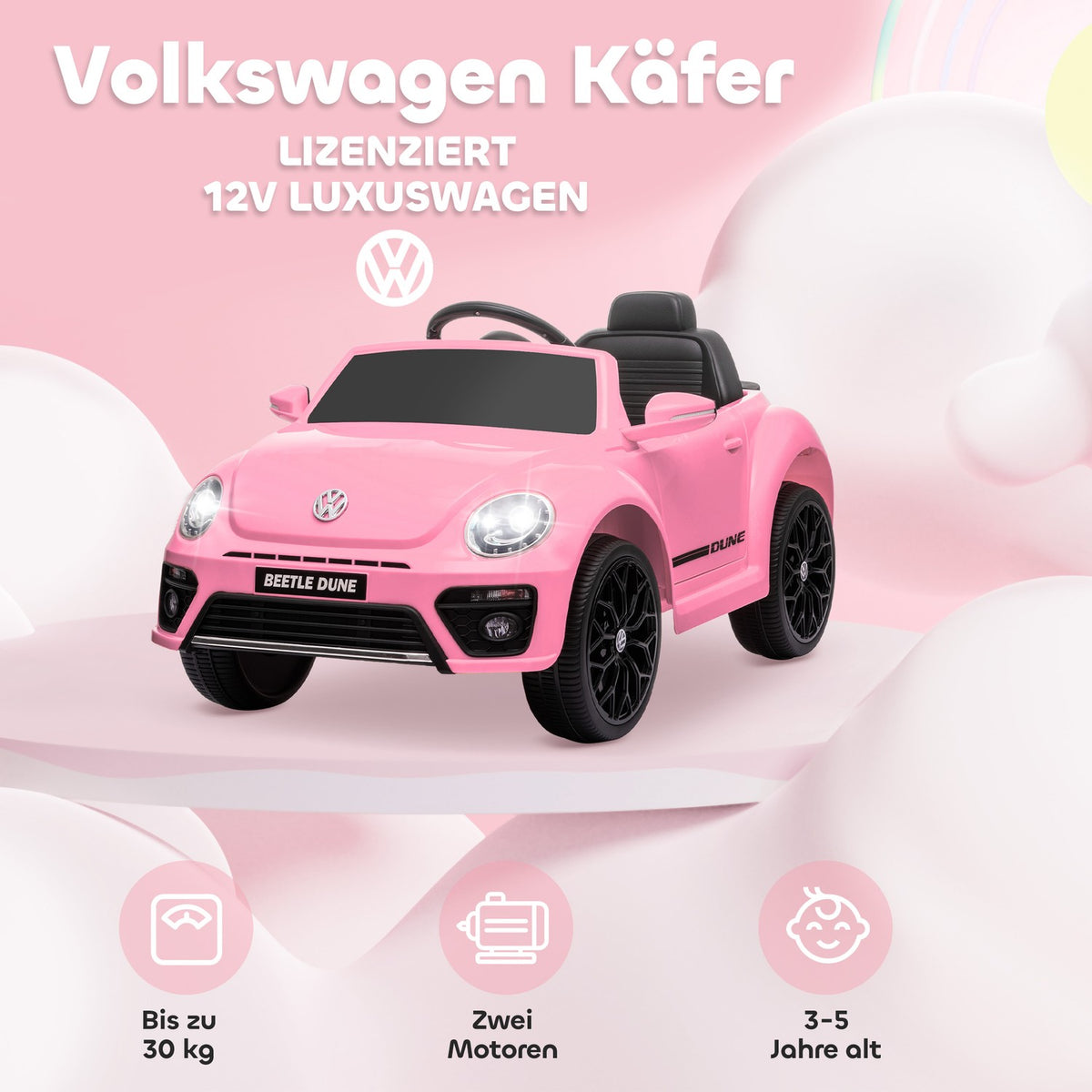Children's Electric Car 12V Children's Car with 2.4G Remote Control, Music, Horn, Electric Vehicle with LED Lights, USB/MP3 Port, 3-5 km/h, for Children 3-5 Years, Pink