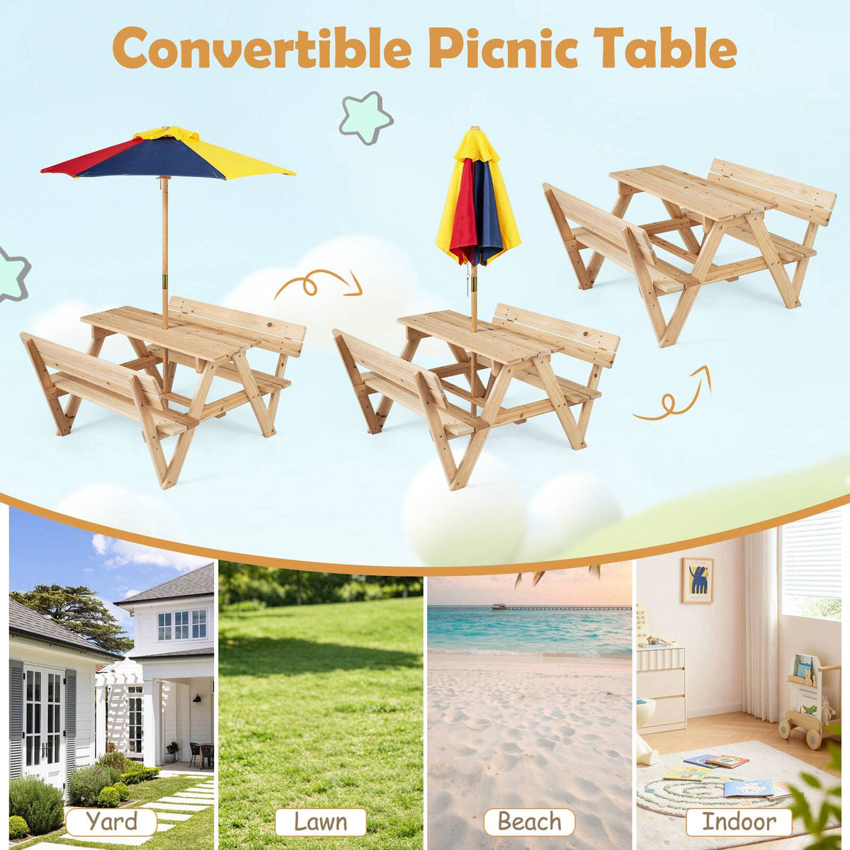 Children's Fir Wood Picnic Table Set with Adjustable Parasol