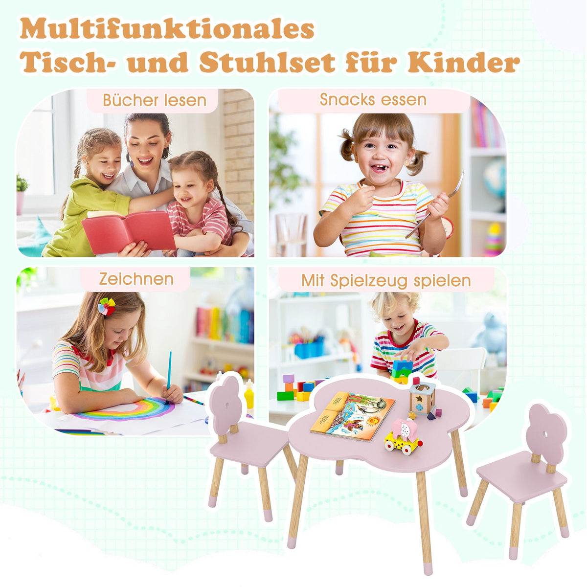 Children's Flower-Shaped Table Set, Pink, Wood, 1 Table + 2 Chairs