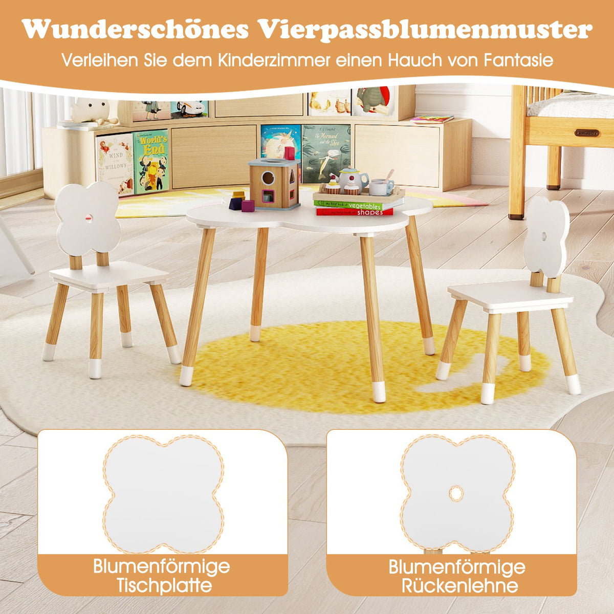 Children's Flower-Shaped Table Set with 2 Chairs, White