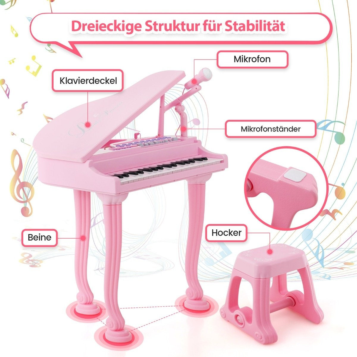 Children's Keyboard with 37 Keys & Stool Electronic Piano Keyboard 47 x 37 x 70 cm Pink