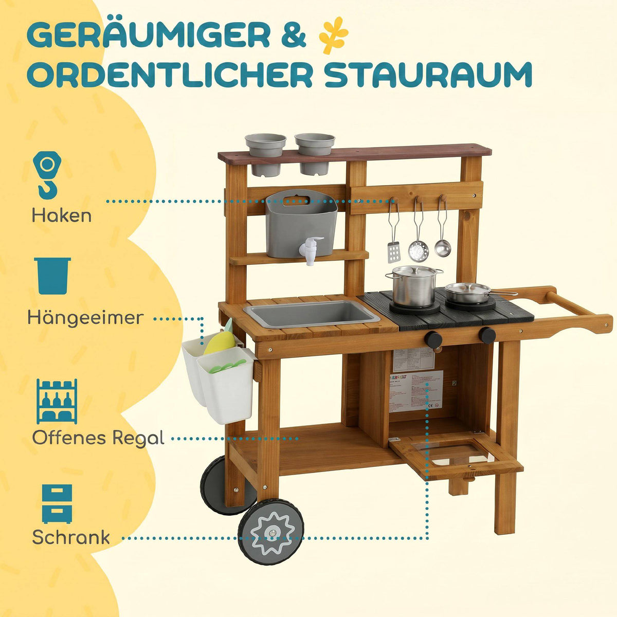 Children's Outdoor Mud Kitchen with Sink and Wheels, Ages 3-6