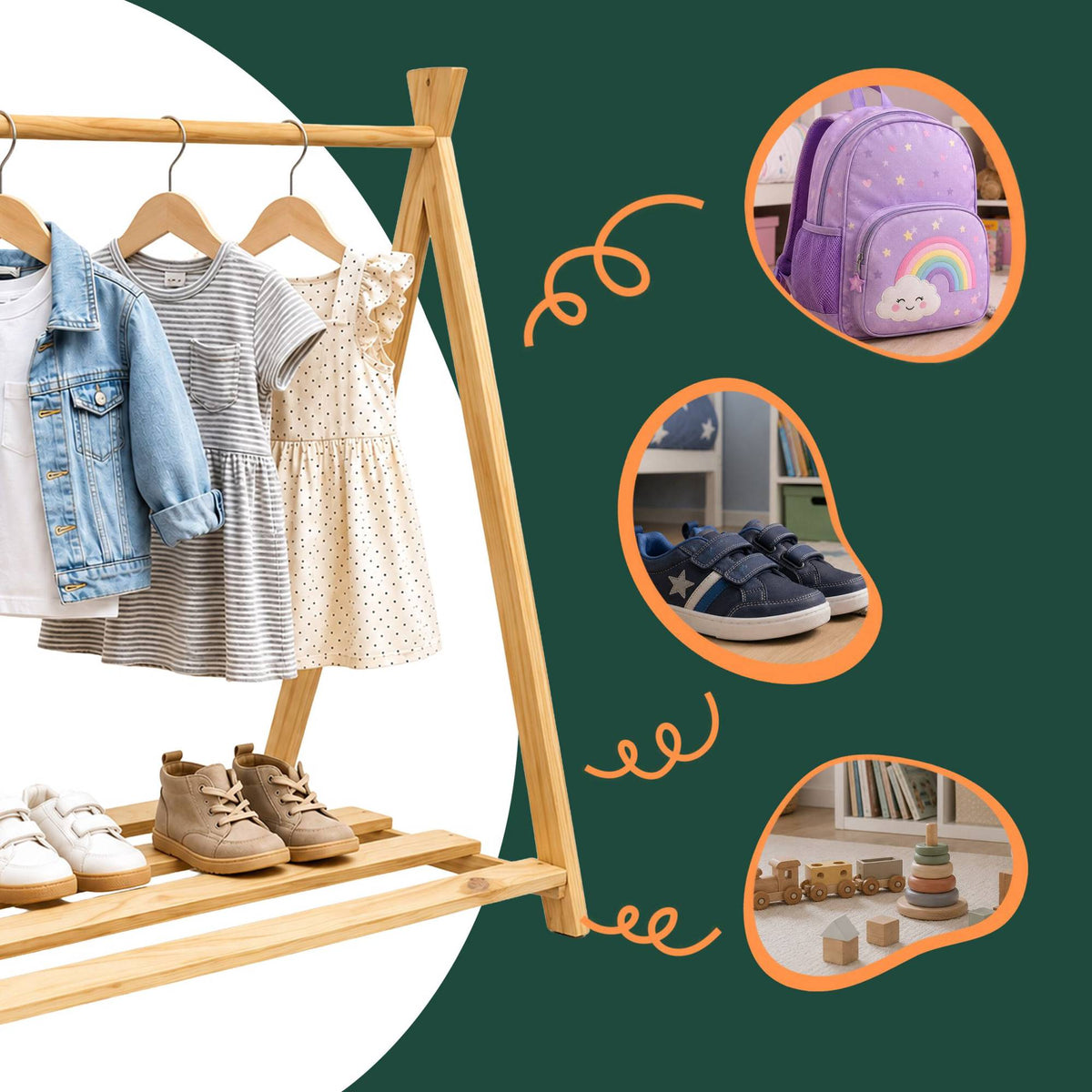 Children's Pine Clothes Rack, Natural Finish, 111.5 cm