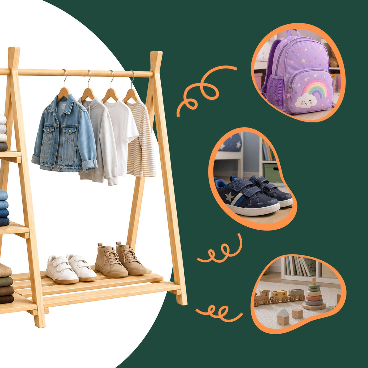 Children's Pine Clothes Rack with Shelf, Natural Finish