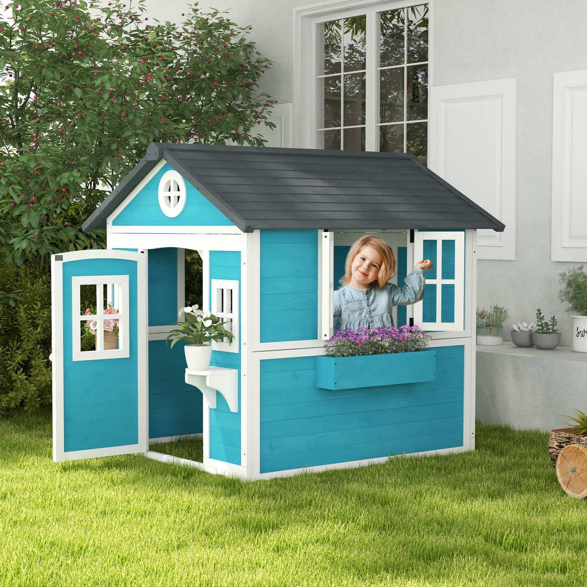 Children's Playhouse Made of Wood Outdoor Playhouse with Window, Flower Shelf, Plant Box and Door Garden House for Children 3-8 Years Blue