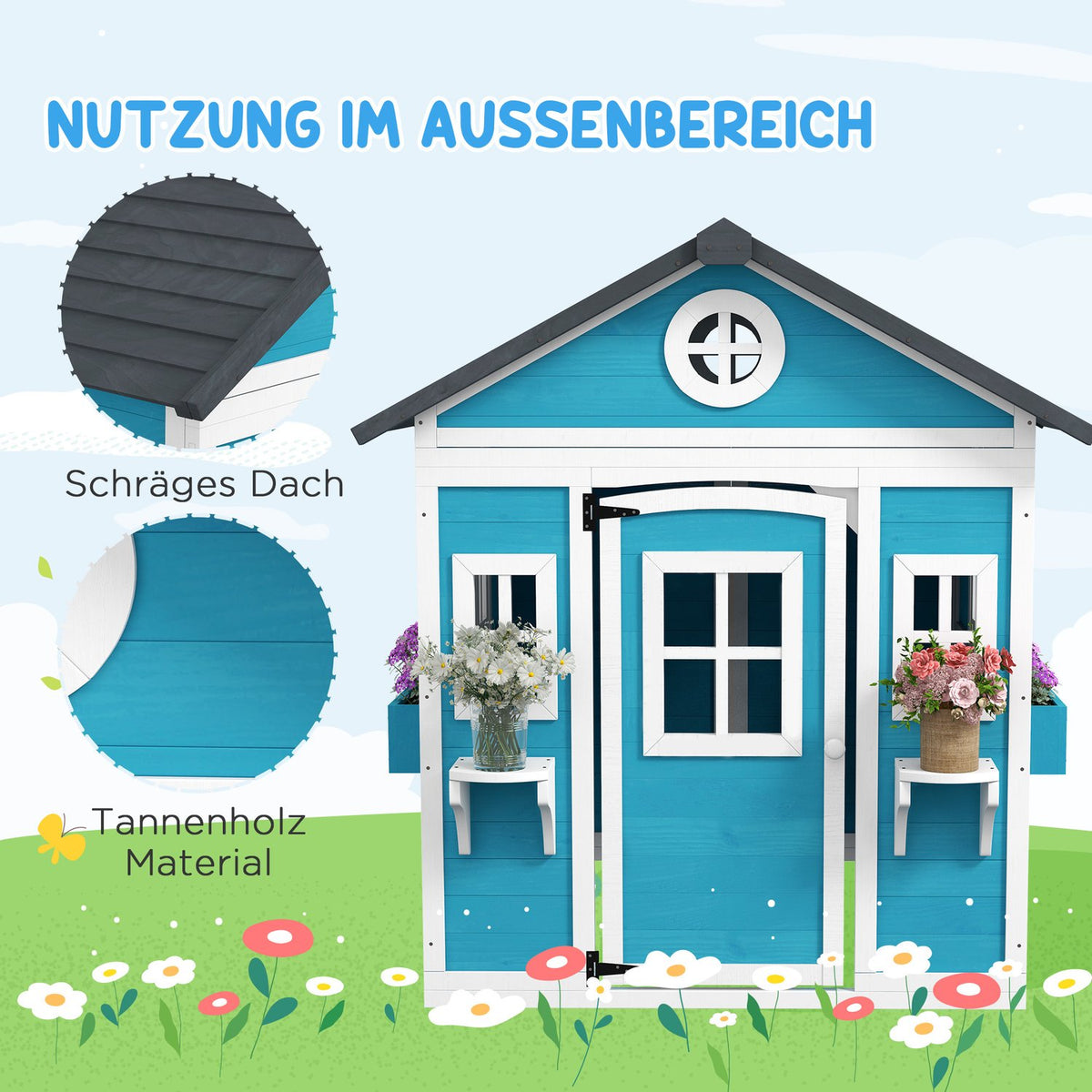 Children's Playhouse Made of Wood Outdoor Playhouse with Window, Flower Shelf, Plant Box and Door Garden House for Children 3-8 Years Blue