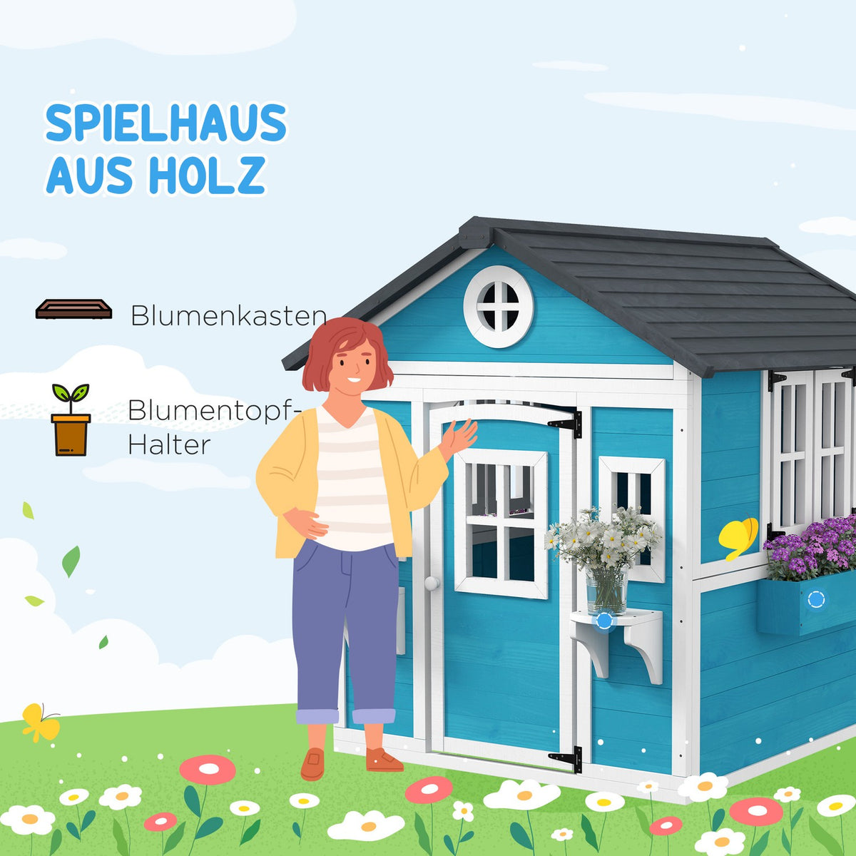 Children's Playhouse Made of Wood Outdoor Playhouse with Window, Flower Shelf, Plant Box and Door Garden House for Children 3-8 Years Blue