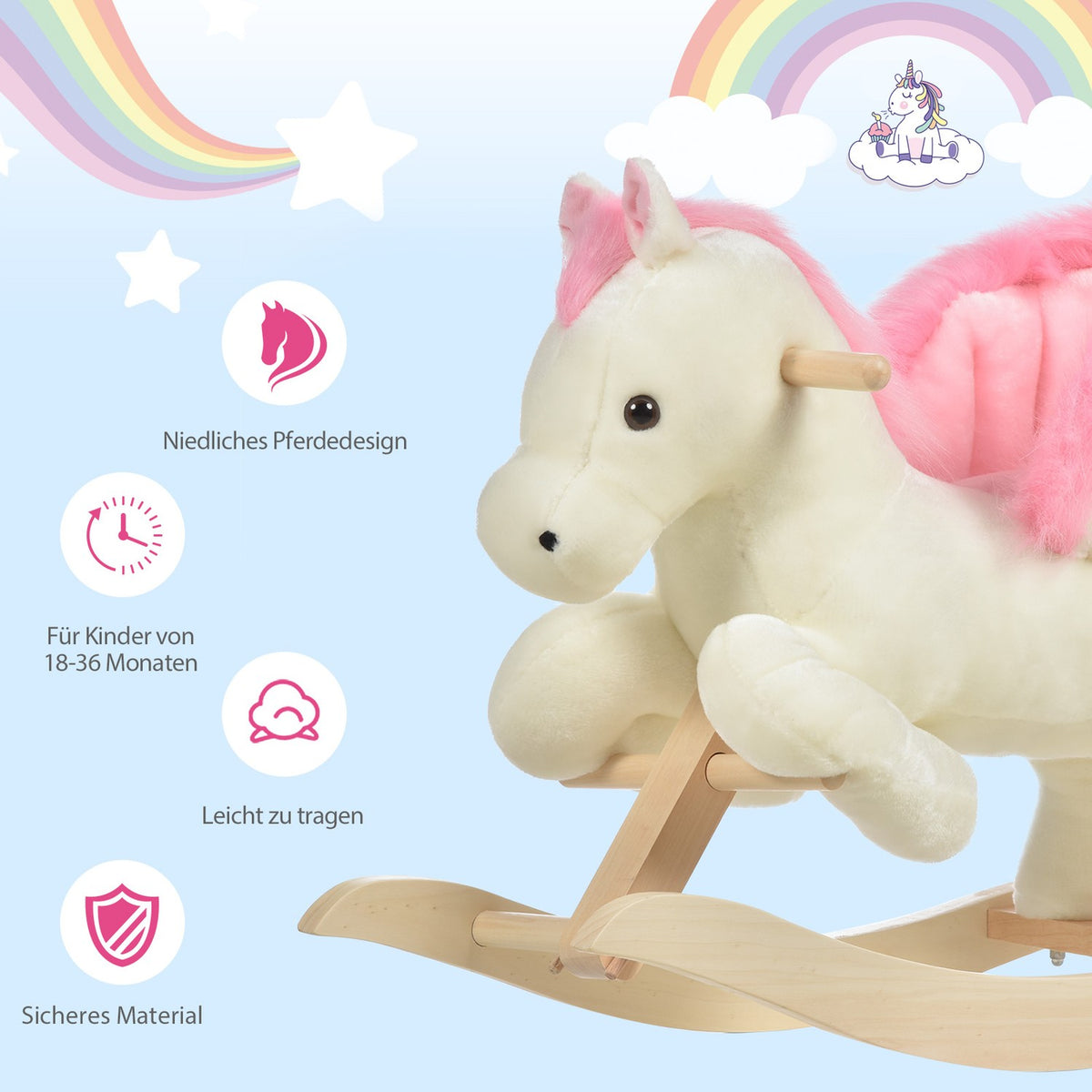 Children's Rocking Horse Baby Rocking Animal with Sounds Grab Handles for 18-36 Months Plush White Pink 70x28x57 cm