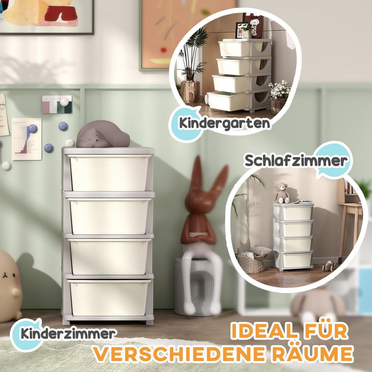 Children's Room Chest of Drawers, 4 Tier Toy Organizer, Toy Storage, Cream White