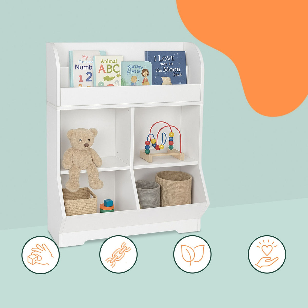 Children's Shelf with 4 Compartments and 2 Book Shelves