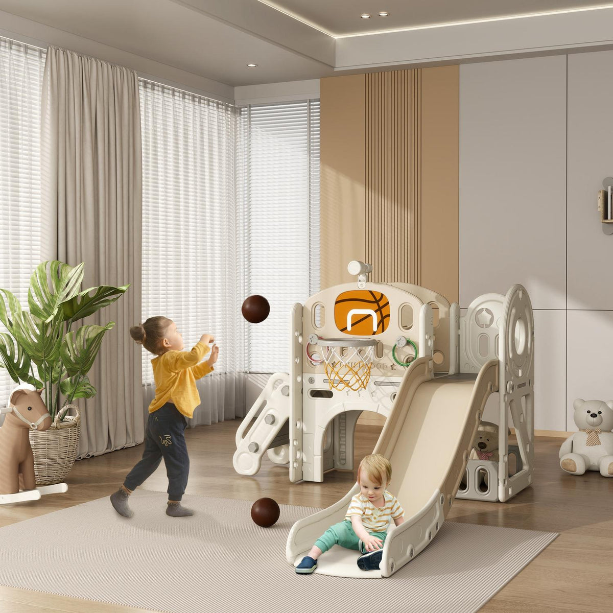 Children's Slide, 7 in 1, Toddler Slide with Basketball Hoop, Climbing Frame, Telescope, Tunnel, Platform Walk, Storage Basket, Children's Playground for 1 to 6 Years Children