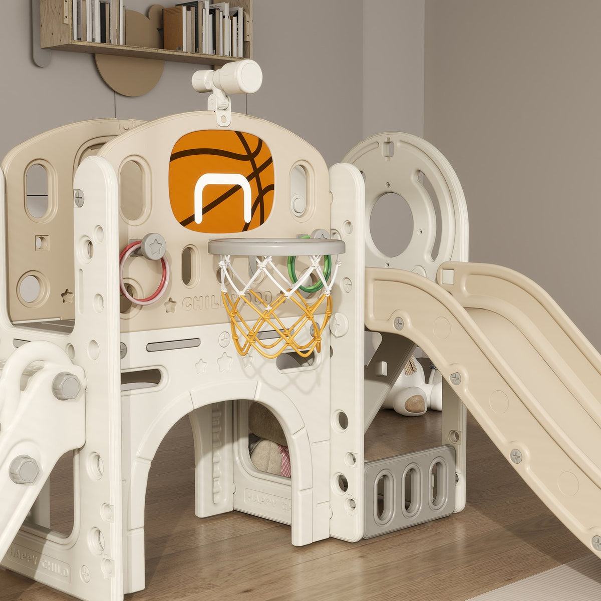 Children's Slide, 7 in 1, Toddler Slide with Basketball Hoop, Climbing Frame, Telescope, Tunnel, Platform Walk, Storage Basket, Children's Playground for 1 to 6 Years Children