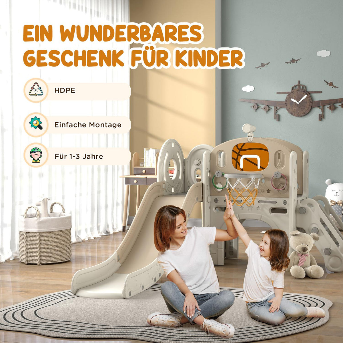 Children's Slide, 7 in 1, Toddler Slide with Basketball Hoop, Climbing Frame, Telescope, Tunnel, Platform Walk, Storage Basket, Children's Playground for 1 to 6 Years Children