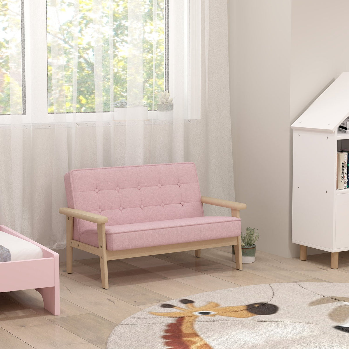 Children's Sofa, Velvet Look, Wood Frame, Ages 3-15, Pink