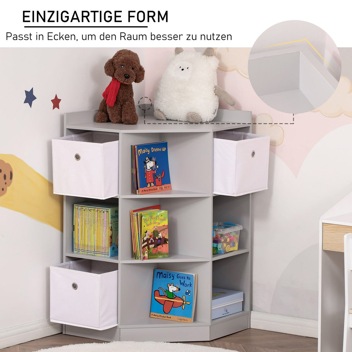 Children's Storage Shelf, 3 Fabric Drawers, Grey MDF