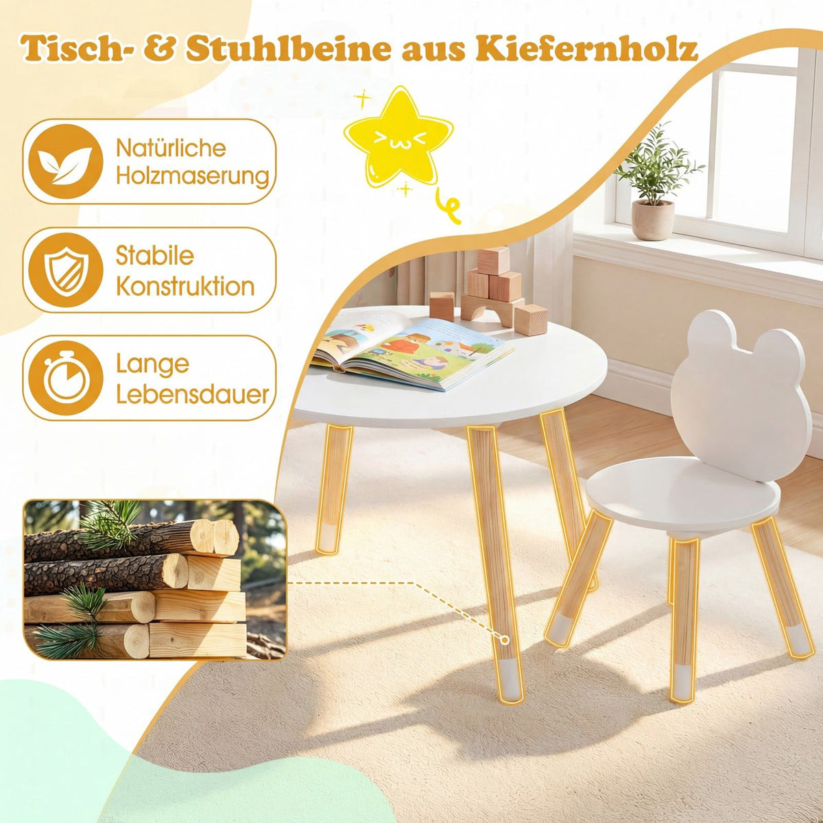 Children's Table & 2 Chairs Set, Wood Legs, White