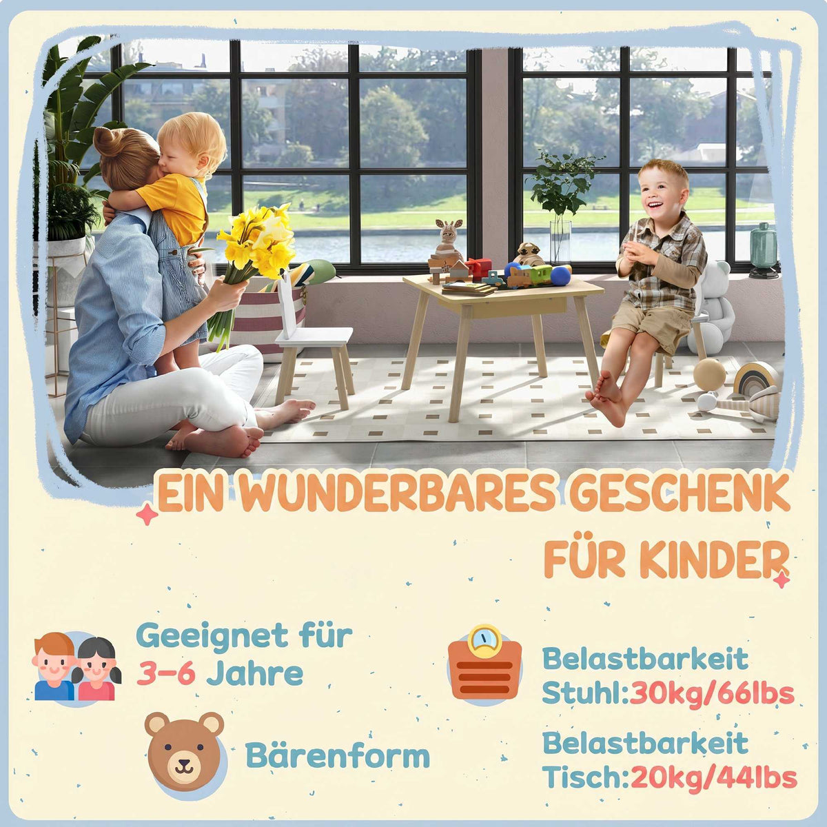 Children's Table Set with 2 Bear Chairs, Storage, Ages 3-6