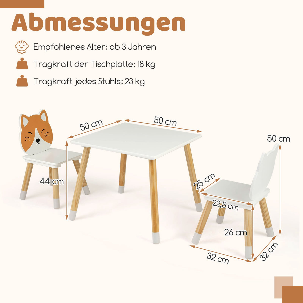 Children's Table and 2 Chairs Set, White, Pine Legs