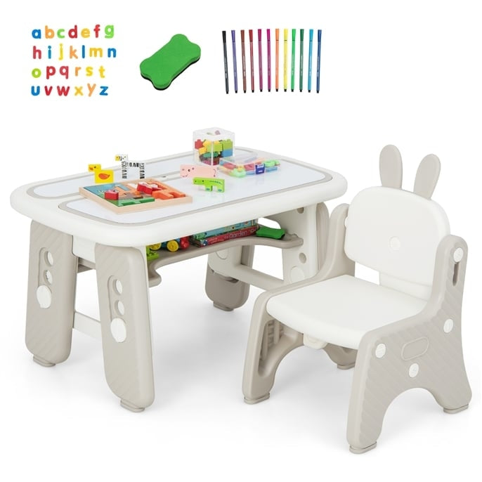 Children's Table and Chair Set Artificial Table and Chair for Toddlers with Hinged Bookshelf Gray