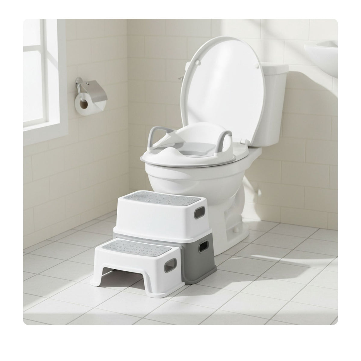 Children's Toilet Seat with Step Stool – Grey, White